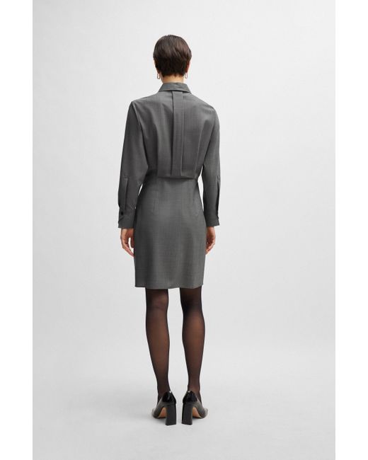 Boss Gray Shirt-style Regular-fit Dress In Virgin Wool