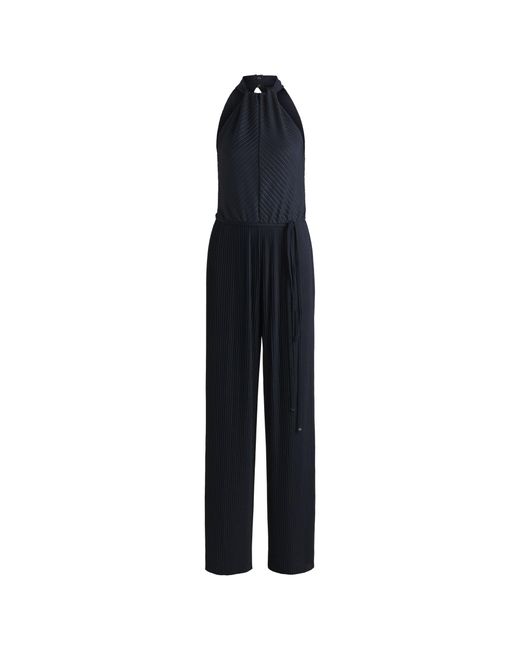 Boss Blue Sleeveless Jumpsuit With Plissé Pleats And Tie Belt