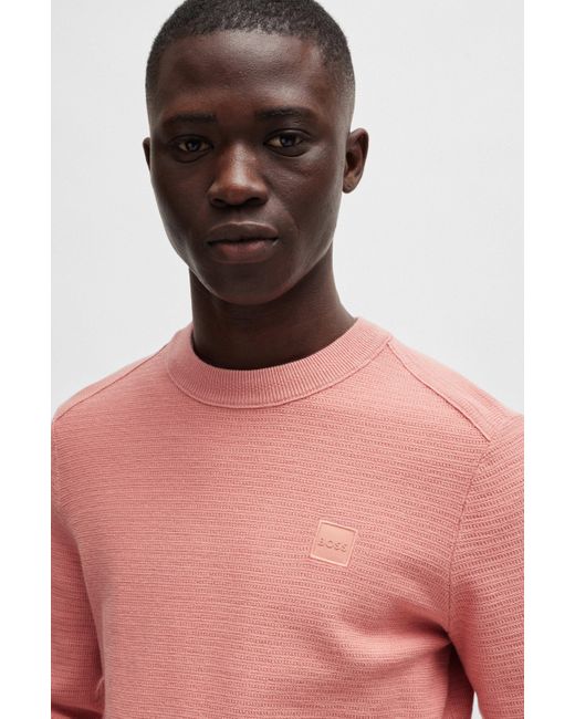 Boss Regular-Fit Pullover aus Baumwolle mit Kaschmir-Anteil und Logo-Aufnäher in Pink für Herren