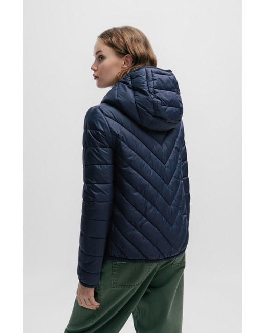 Boss Blue Water-repellent Quilted Jacket With Logo-trimmed Hood