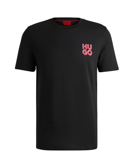 HUGO Black Cotton-jersey T-shirt With Stacked Logo Print for men