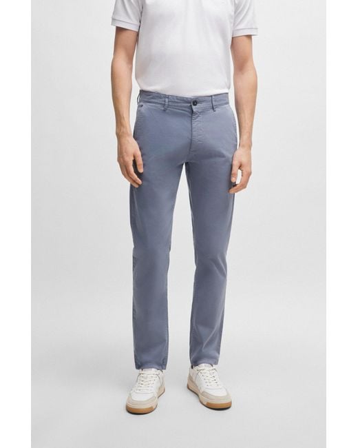 Boss Blue Slim-fit Chinos In Stretch-cotton Satin for men