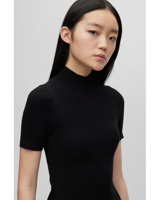 BOSS by HUGO BOSS Mock-neck Mini Dress In Mixed Ribbed Structures in Black