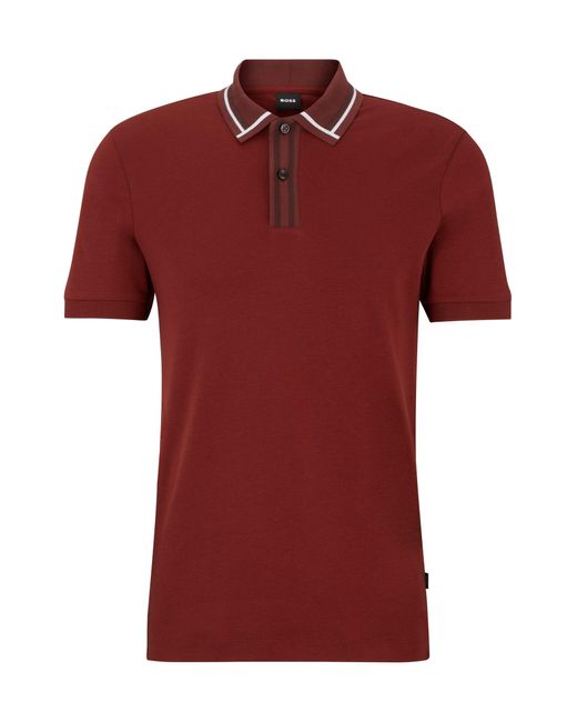 Boss Red Mercerised-cotton Slim-fit Polo Shirt With Contrast Stripes for men