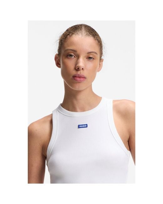 HUGO White Cropped Stretch-Cotton Tank Top With Logo Label