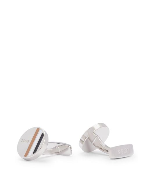 Boss White Round Cufflinks With Logo And Signature Stripe for men