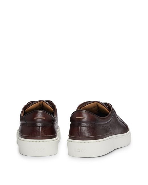 Boss Brown Gary Grained-leather Low-top Trainers With Branded Metal Lace Loop for men