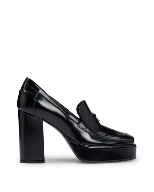 HUGO Black Platform Loafers In Leather With Stacked-logo Trim