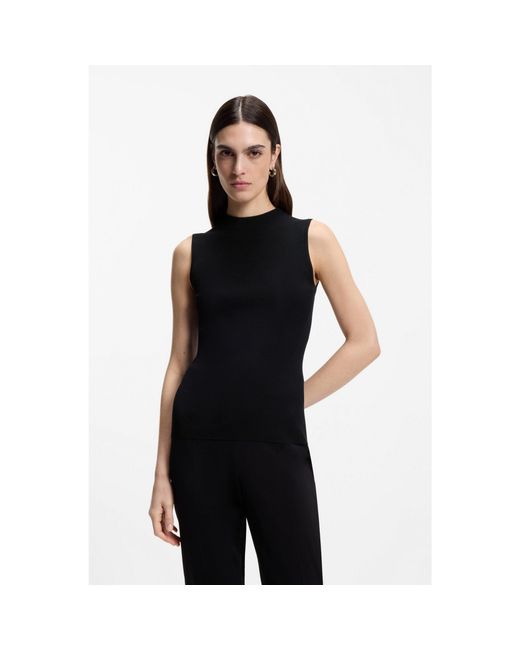Boss Black Ribbed-Knit Top With Mock Neckline