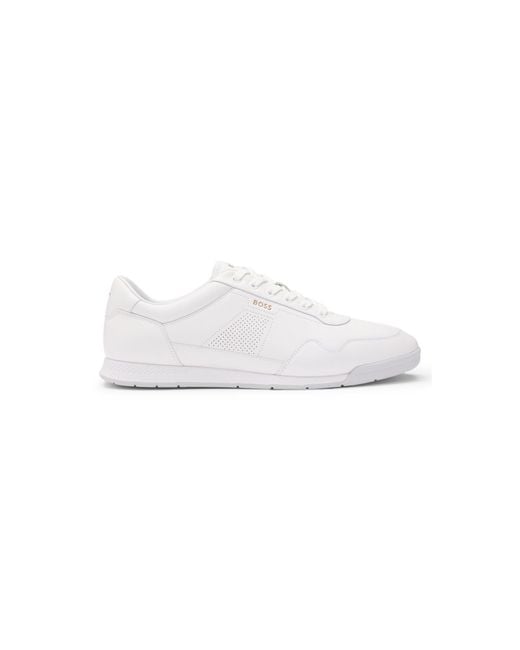 Boss White Nappa-Leather Trainers With Perforated Details for men