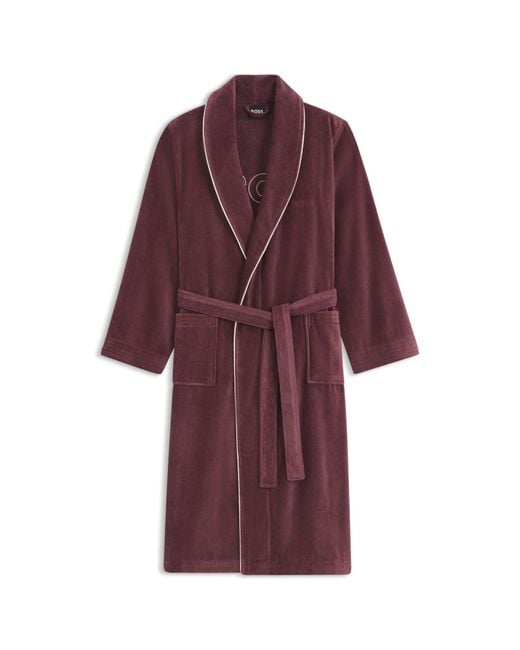 Boss Purple Cotton Dressing Gown With Piping And Embroidered Branding for men