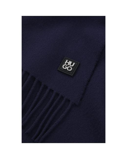 HUGO Blue Wool Scarf With Stacked-Logo Trim for men