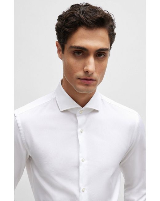 Boss Slim-fit Overhemd Van Gestructureerde Katoen Met Gespreide Kraag in het White voor heren