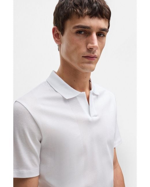 Boss White Johnny-collar Polo Shirt In Mixed-structure Cotton for men