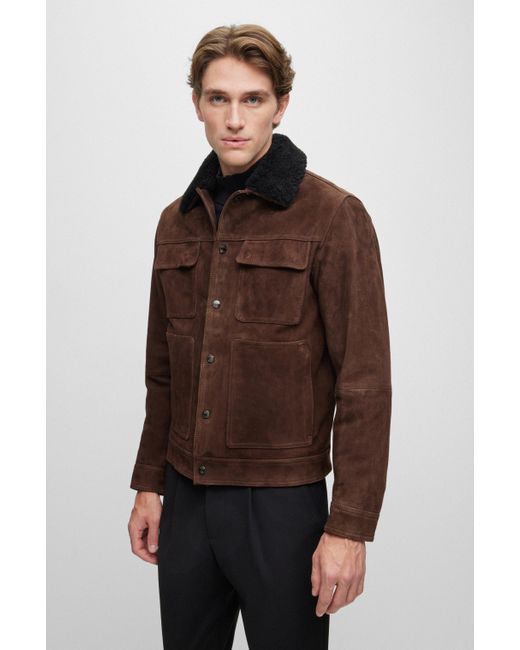 Boss Brown Suede Jacket With Teddy Collar And Patch Pockets for men