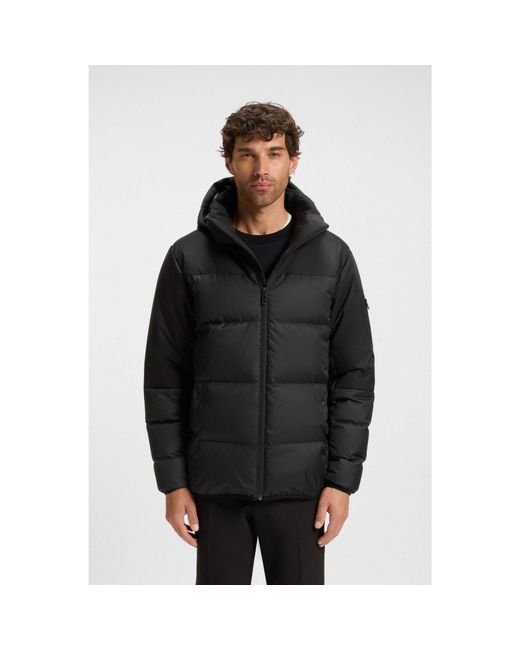 Boss Black Water-Repellent Jacket With Down Filling And Detachable Hood for men