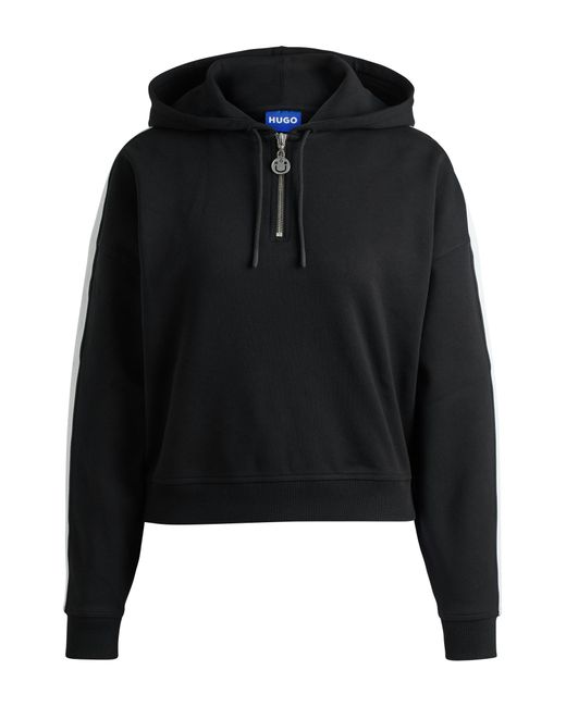 HUGO Black Zip-neck Hoodie In Stretch Cotton With Logo Tape