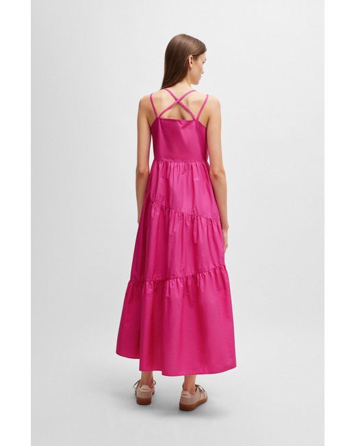 Boss Pink Maxi Dress In Cotton Poplin With Crossover Straps
