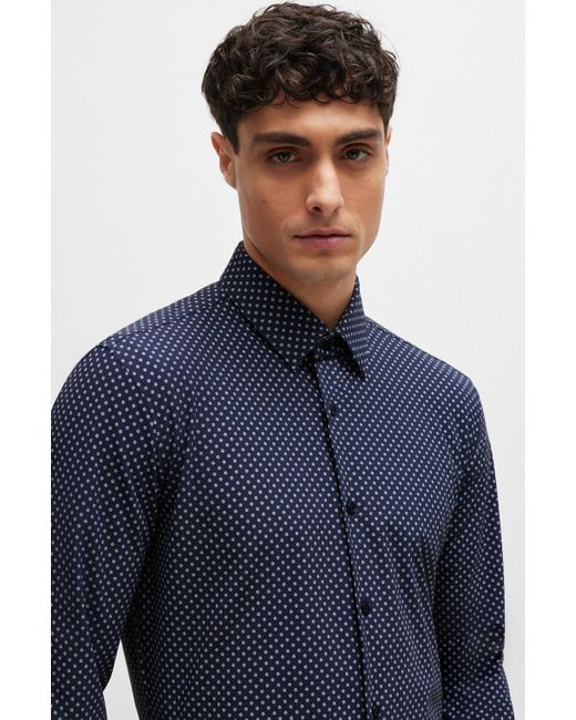 Boss Blue Slim-fit Shirt In Printed Performance-stretch Material for men