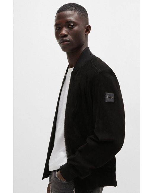 Boss Black Suede Bomber Jacket With Ribbed Trims for men