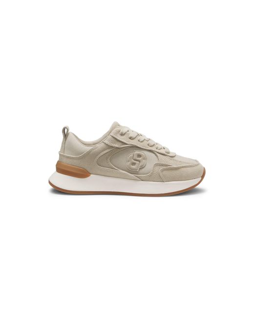 Boss White Suede Trainers With Double B Monogram