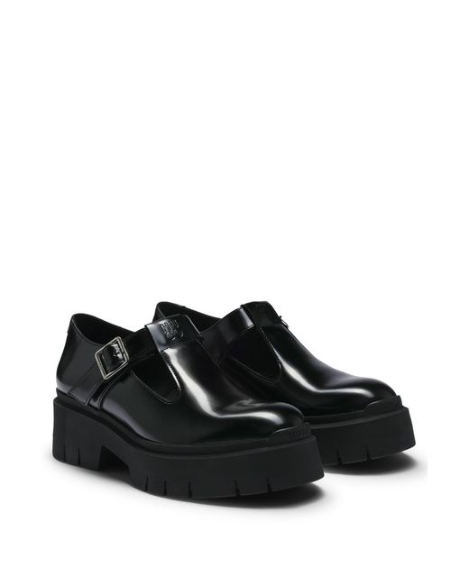 HUGO Black Mary-jane Shoes In Leather With Stacked Logo