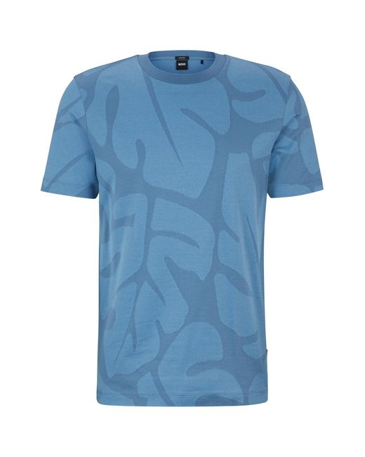 Boss Blue Cotton T-shirt With Two-tone Monstera-leaf Pattern for men