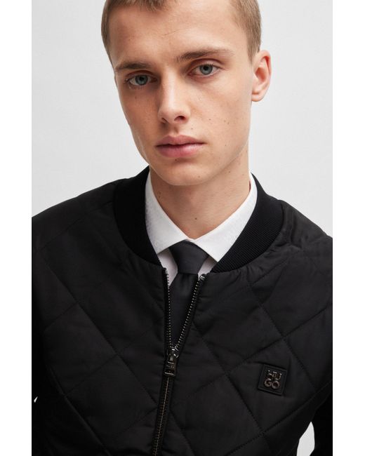 HUGO Black Mixed-material Jacket With Stacked-logo Trim for men