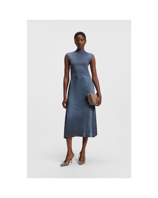 BOSS Knitted Dress With Satin Skirt in Blue | Lyst Australia BOSS Knitted Dress With Satin Skirt in Blue | Lyst Australia