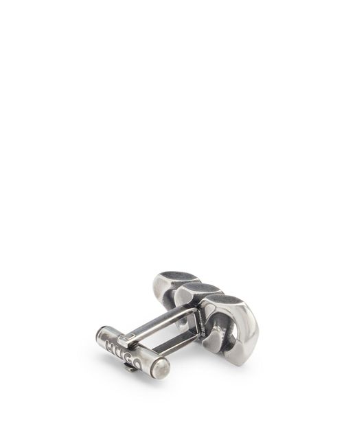 HUGO White Chain-link Cufflinks In Steel With Logo Details for men