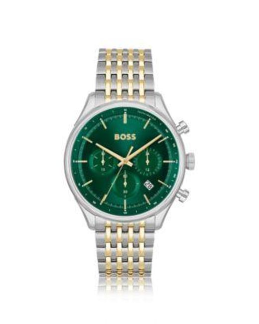 Montre chronographe à cadran vert et bracelet bicolore à maillons Boss pour homme en coloris Green