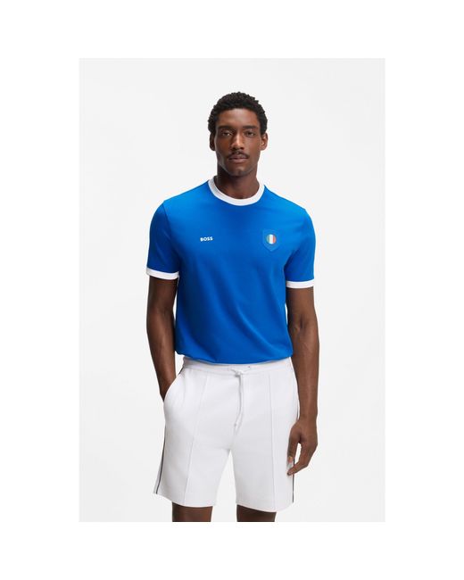 Boss Blue Stretch-Cotton T-Shirt With Country Flag And Logo for men