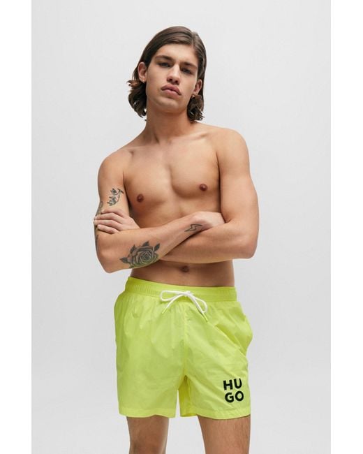 HUGO Green Quick-dry Swim Shorts With Stacked-logo Print for men