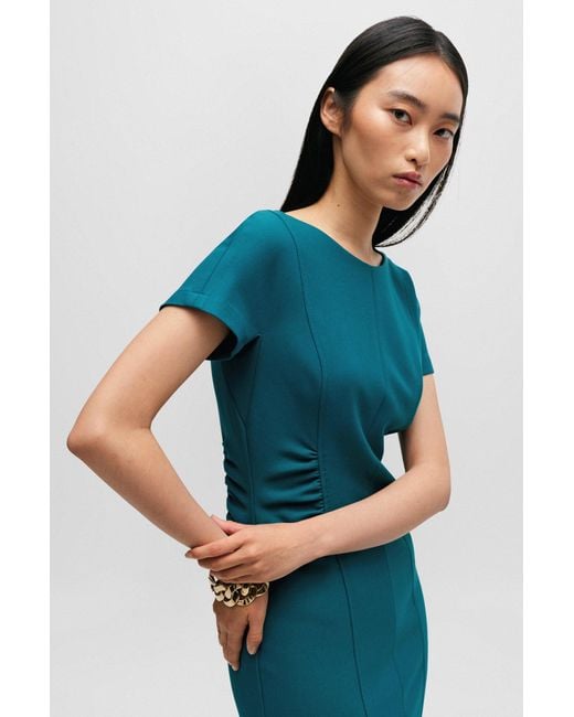Boss Blue Slit-front Business Dress With Gathered Details