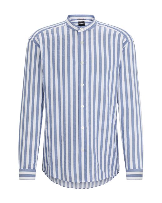 Boss Kragenloses Relaxed-Fit Hemd aus gestreiftem Baumwoll-Mix mit Bouclé-Struktur in Blue für Herren