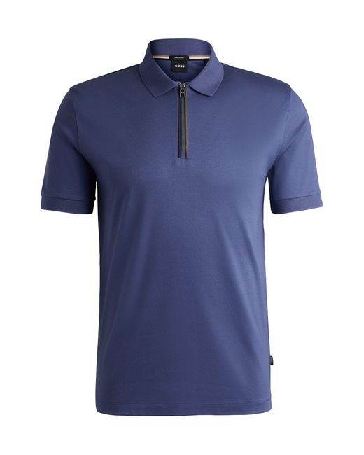 Boss Blue Mercerised-cotton Slim-fit Polo Shirt With Zip Placket for men