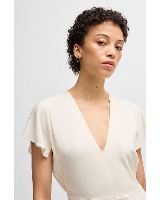 Boss White Kleid Aus Stretch-Gewebe Mit V-Ausschnitt