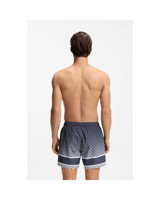 HUGO Blue Printed Swim Shorts With Stripe And Logo for men
