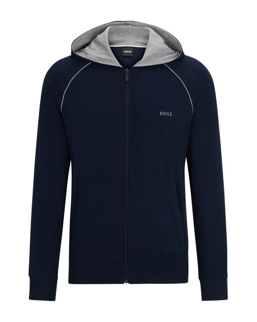Boss Blue Stretch-cotton Zip-up Hoodie With Logo Detail for men