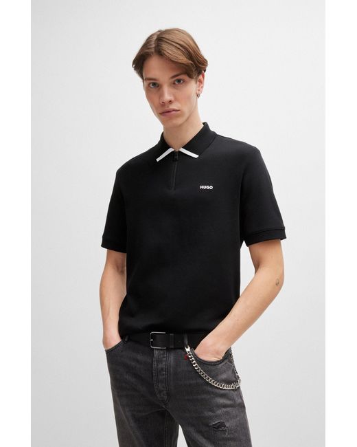 HUGO Black Cotton-piqué Polo Shirt With Contrast Logo for men
