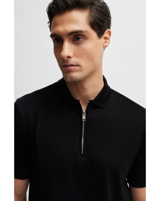 Boss Black Mercerized-cotton Slim-fit Polo Shirt With Zip Neck for men