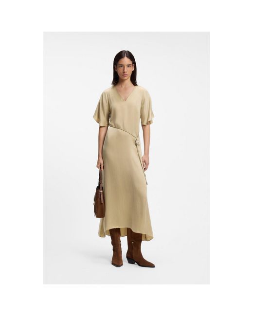 Boss Natural V-Neck Dress With Buckled Spaghetti Belt