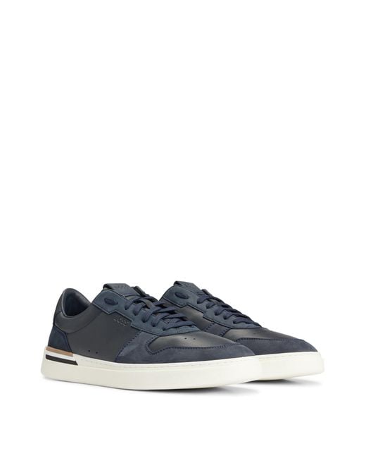 Boss Blue Cupsole Lace-up Trainers In Leather And Suede for men