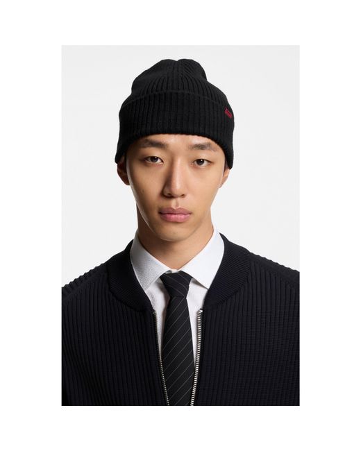 HUGO Black Virgin Wool Ribbed Beanie Hat for men