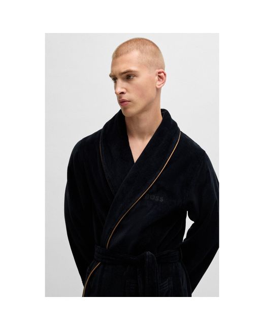 Boss Black Cotton Dressing Gown With Piping And Embroidered Branding for men