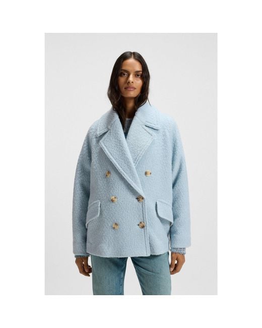 Boss Blue Boxy-Fit Caban Coat With Bouclé Texture