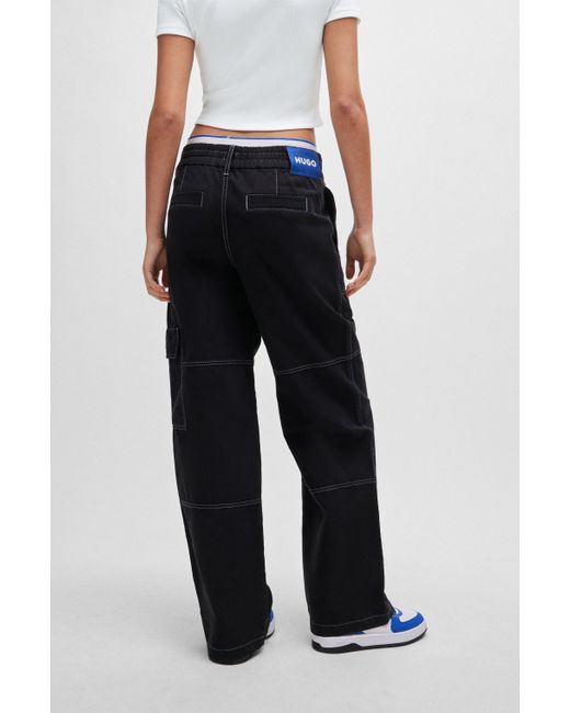 HUGO Black Relaxed-fit Cargo Trousers In Cotton