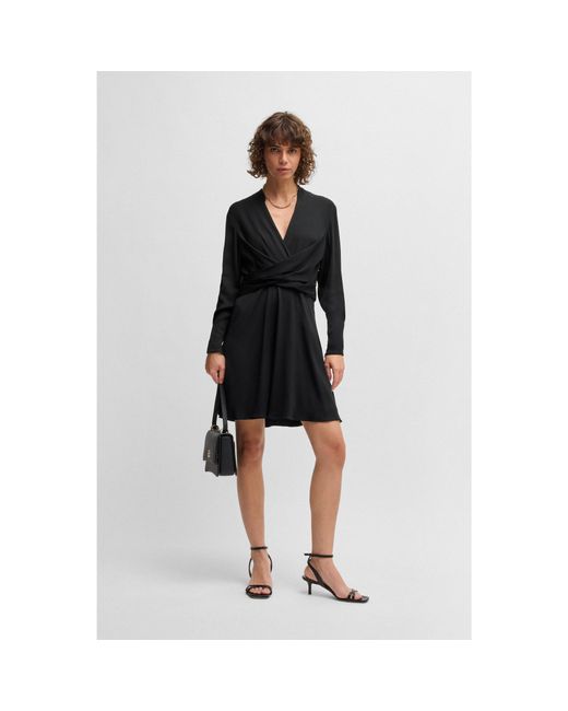 Boss Black Wrap-Front Dress With Stand Collar