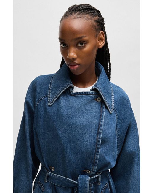 HUGO Blue Zweireihiger Trenchcoat Aus Dunkelblauem Denim