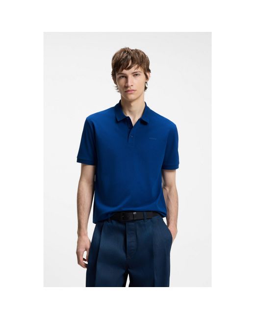 HUGO Blue Cotton-Piqué Polo Shirt With Logo Print for men